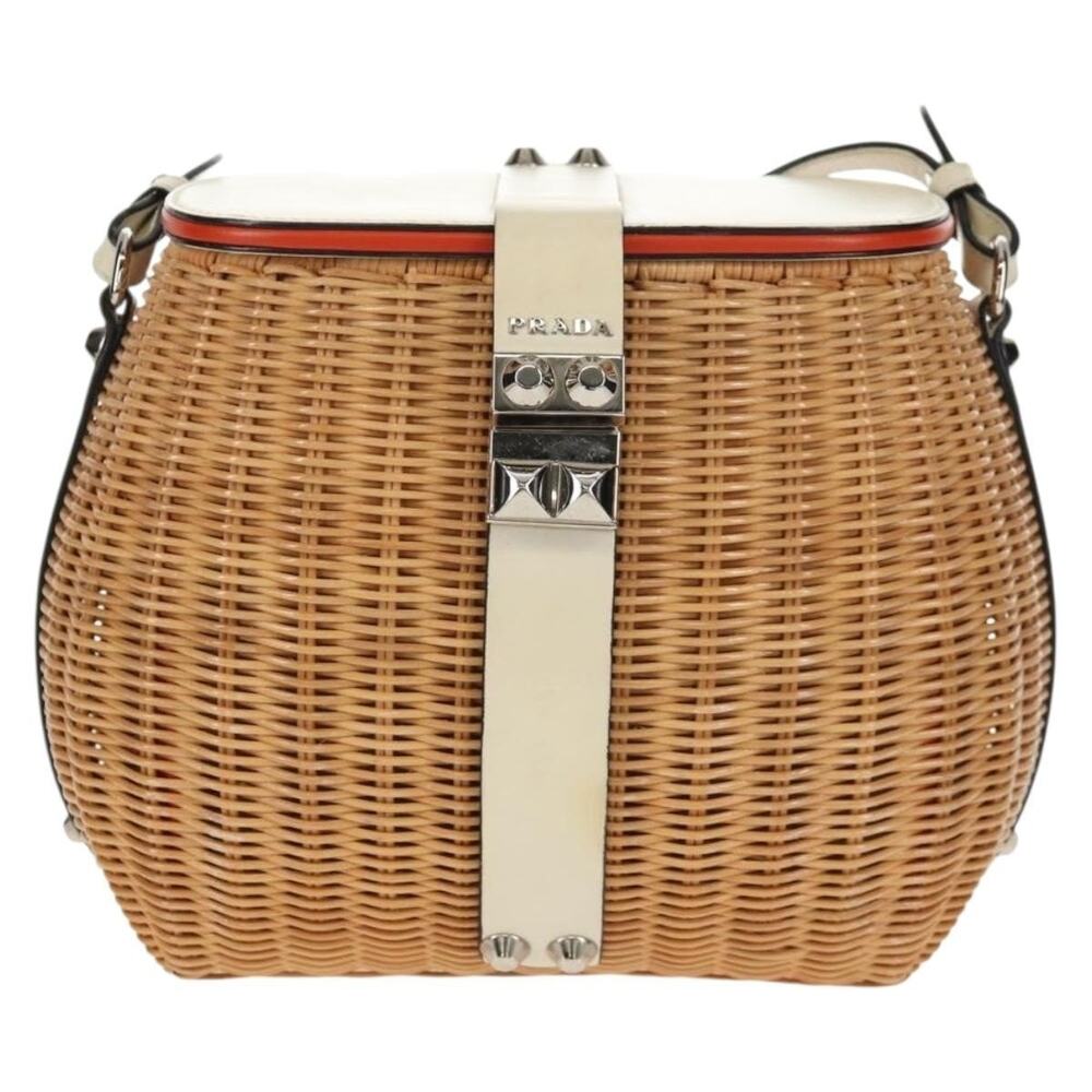 Prada Wicker Leather Basket Shoulder Bag White